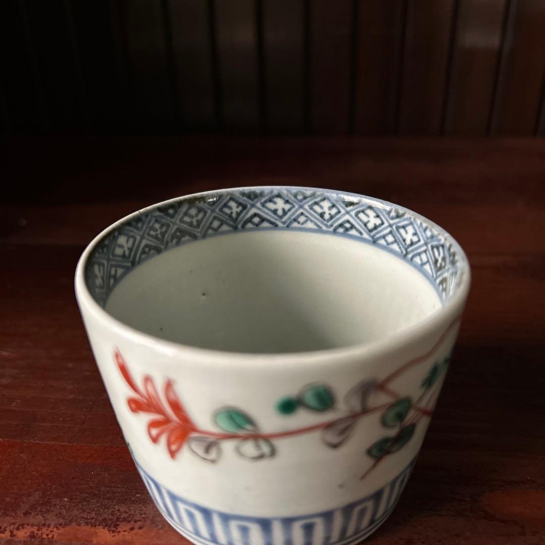 古伊万里色絵　萩扇図　江戸後期　猪口