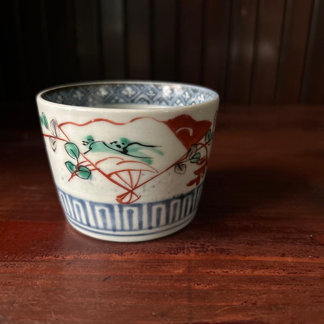 古伊万里色絵　萩扇図　江戸後期　猪口