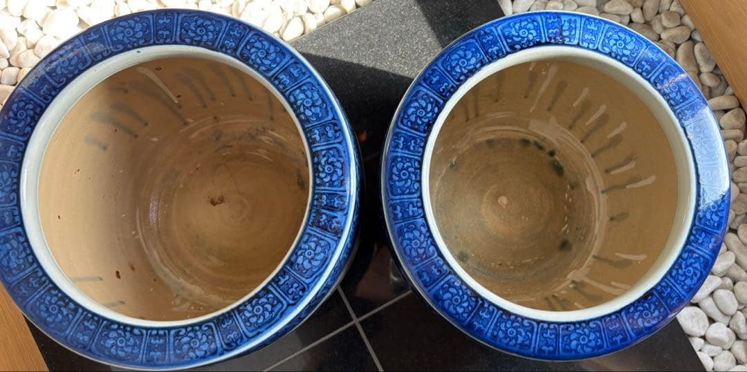 たちばな焼 火鉢 一対 染付 山水文様 昭和レトロ 陶器 メダカ 2個