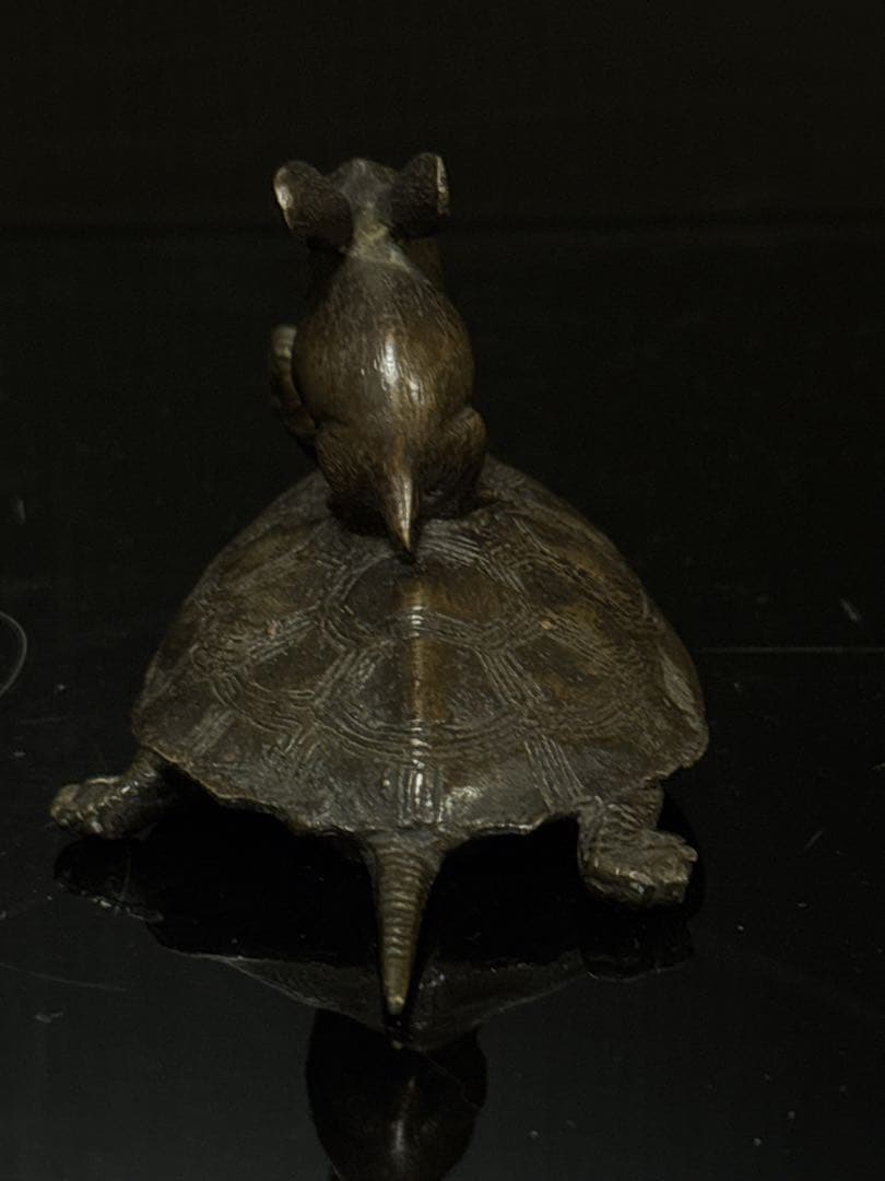 珍品 明治期 古銅 『うさぎとかめ』 兎と亀 置物 文鎮 コレクション
