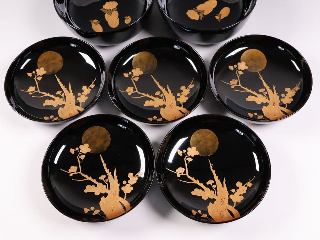 【CM416】訳あり 天然木漆塗 月と梅 福寿草 金蒔絵 黒塗椀 五客 大正昭和