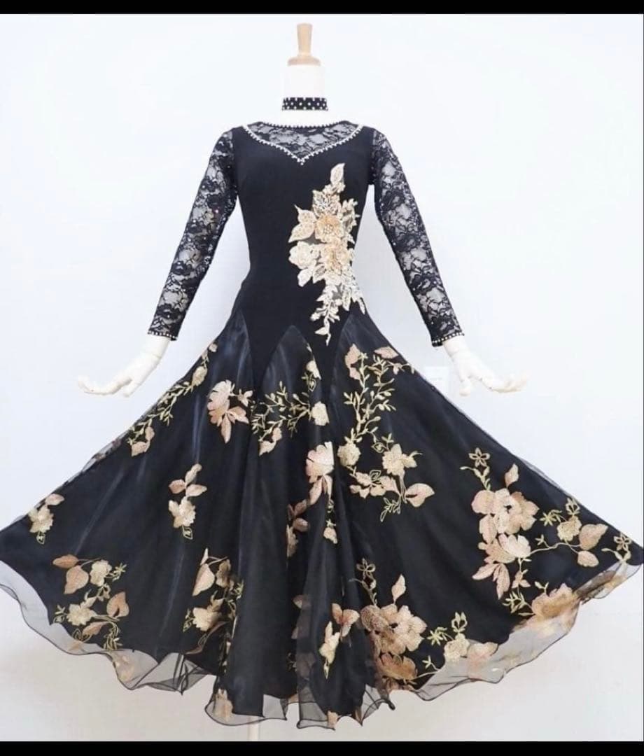 フラワー刺繍 黒 社交ダンス　ドレス