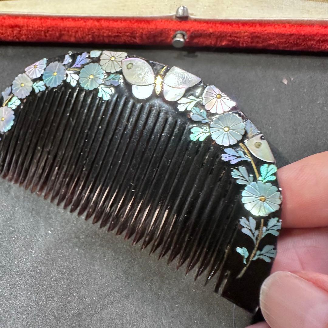 大正アンティーク　鼈甲　櫛笄　黒漆螺鈿細工　金細工髪飾り