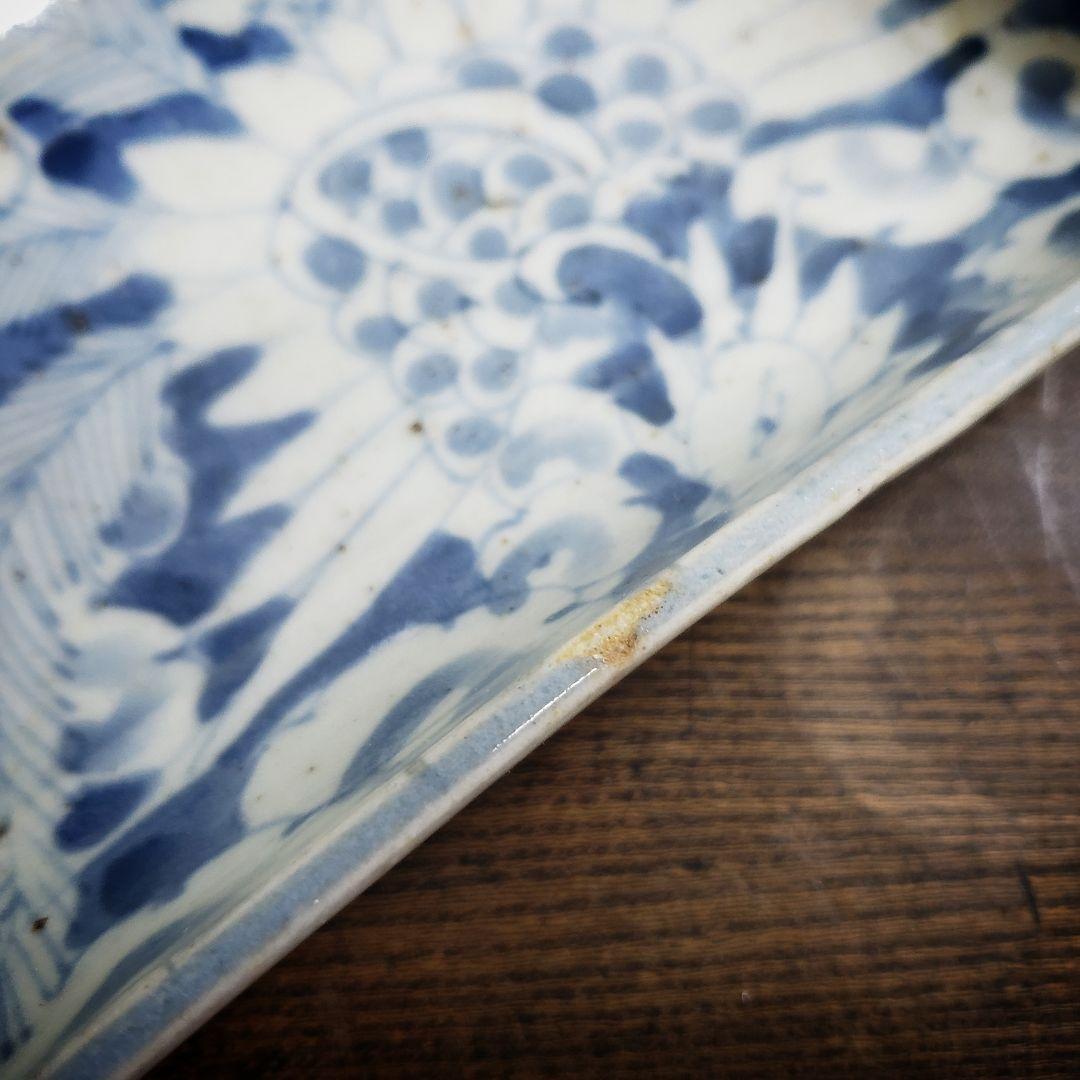 長皿　古伊万里　角皿　染付　鳳凰　雲 江戸