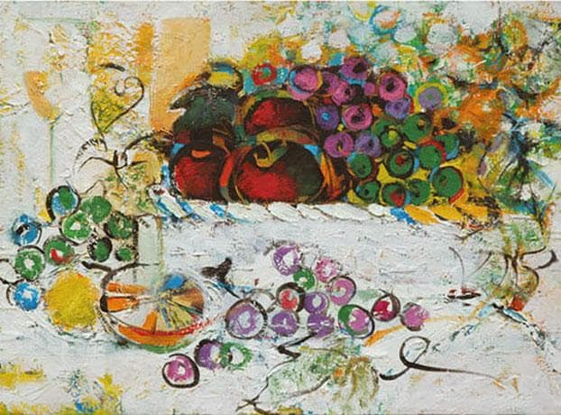 油絵 菅家令子絵 絵画インテリア額付(青緑＋金色の枠) uF6-060210果物