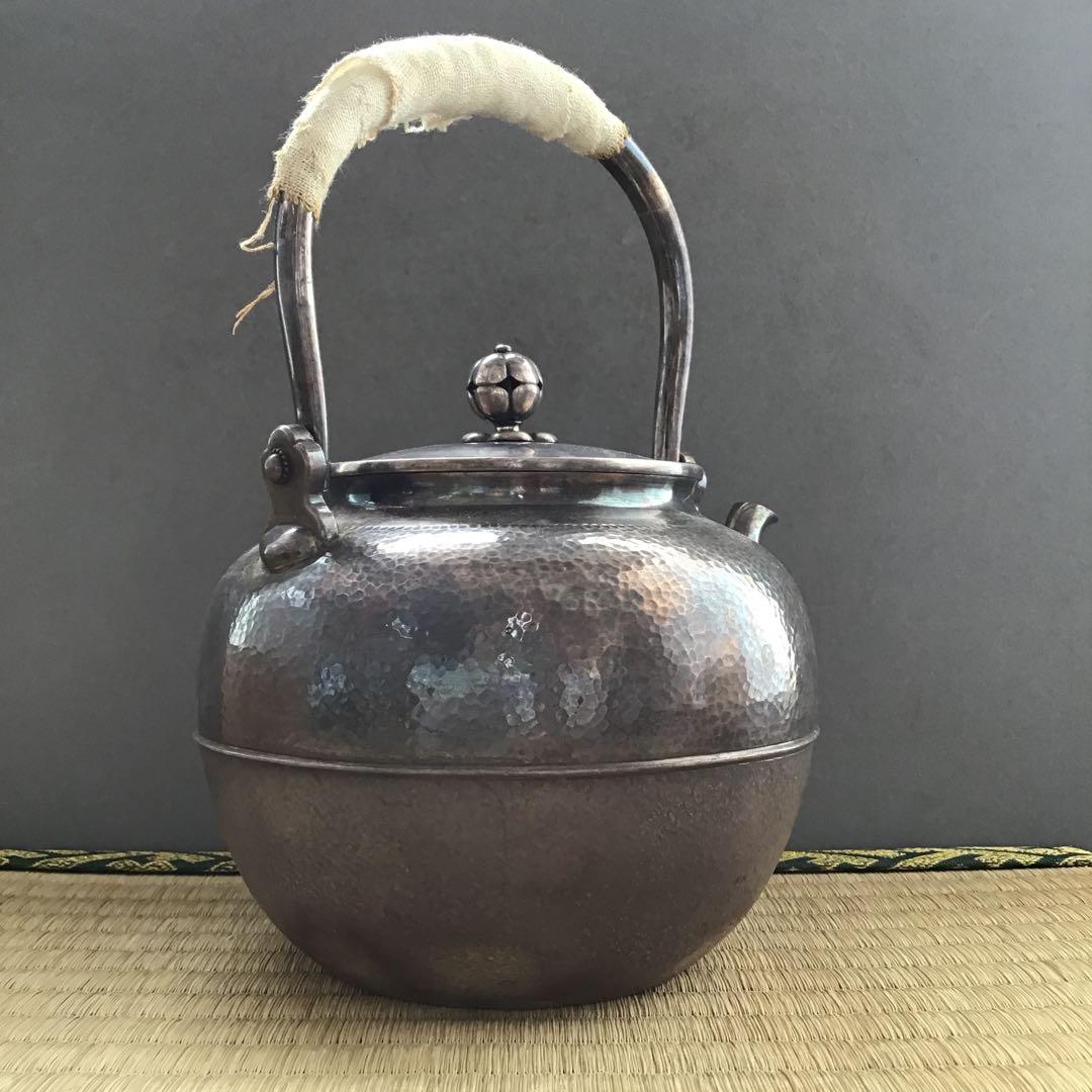 茶道具　湯沸　純銀望月形湯沸　目方百貮拾匁(約450g) 共箱　S218YW