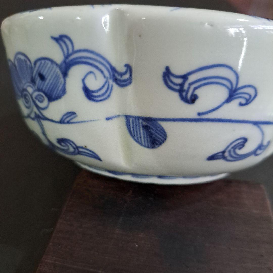 江戸中期　島津献上品　極上　肥前官調蔵製品　輪花　向付鉢　矢車草　染付青磁
