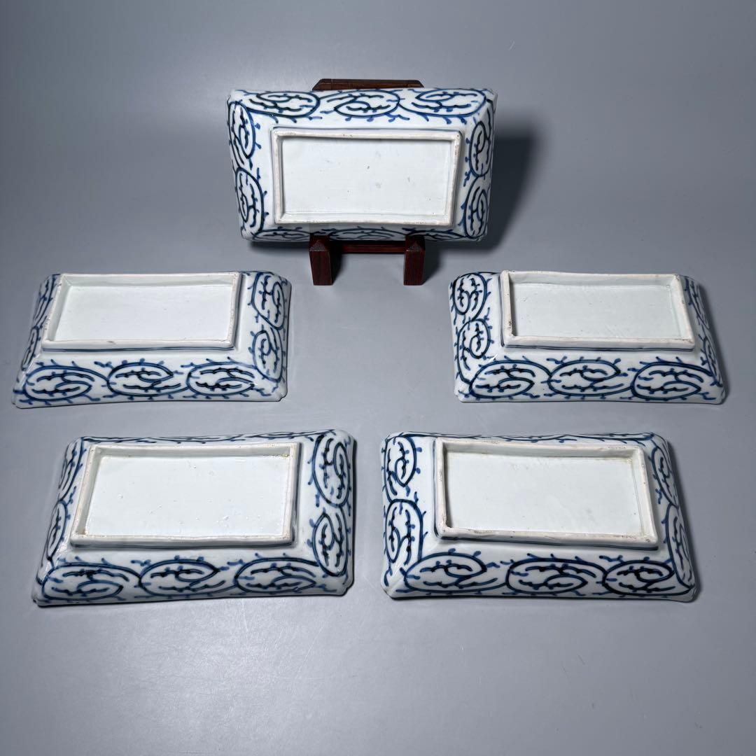 古伊万里　染付　微塵唐草　長皿　五枚　裏唐草文　名品　古美術　1700年代