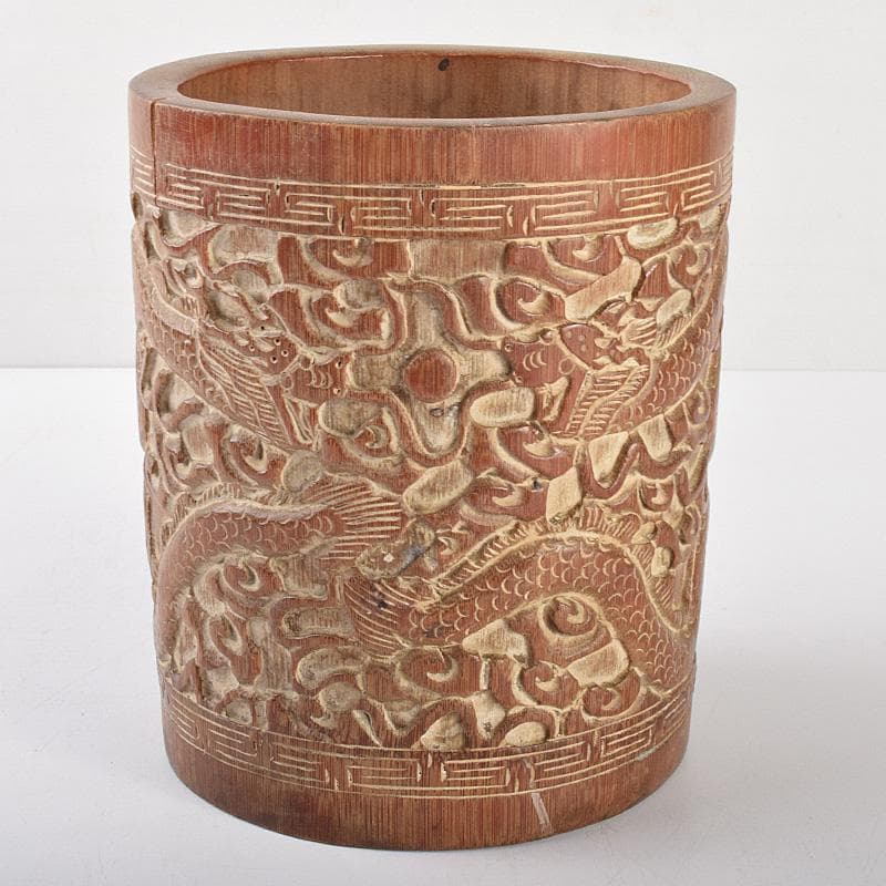 中国　古竹彫刻　雲龍彫　筆筒　M　R5069