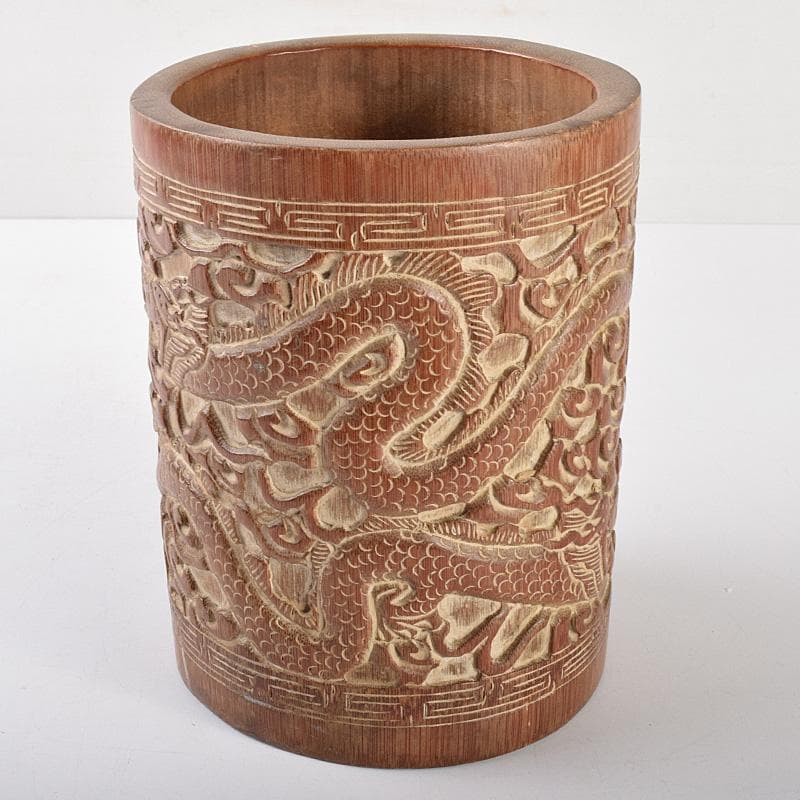 中国　古竹彫刻　雲龍彫　筆筒　M　R5069