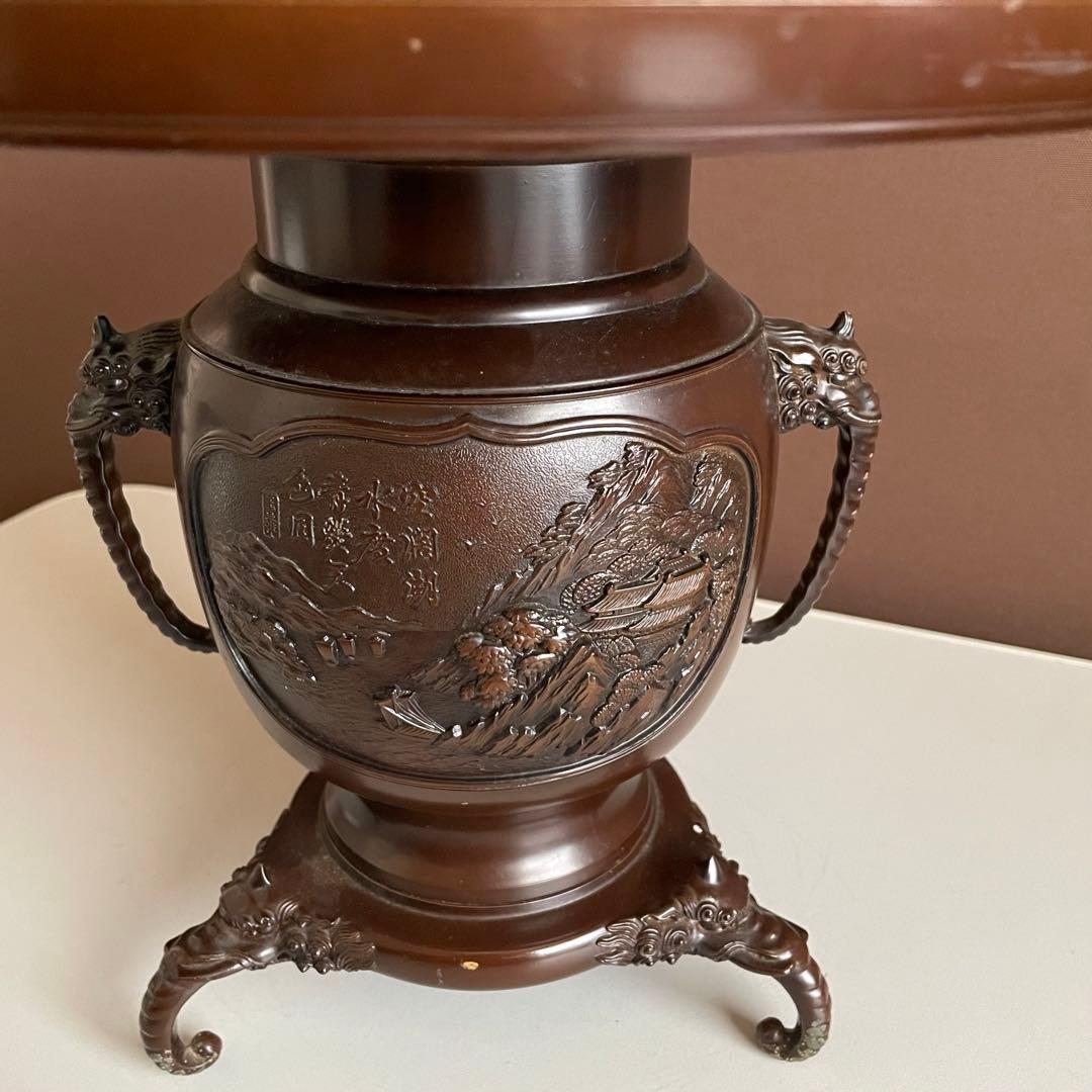 銅花器 薄端 在銘 精山 獅子双耳 池坊 茶道具 華道具 重さ5.2kg 04
