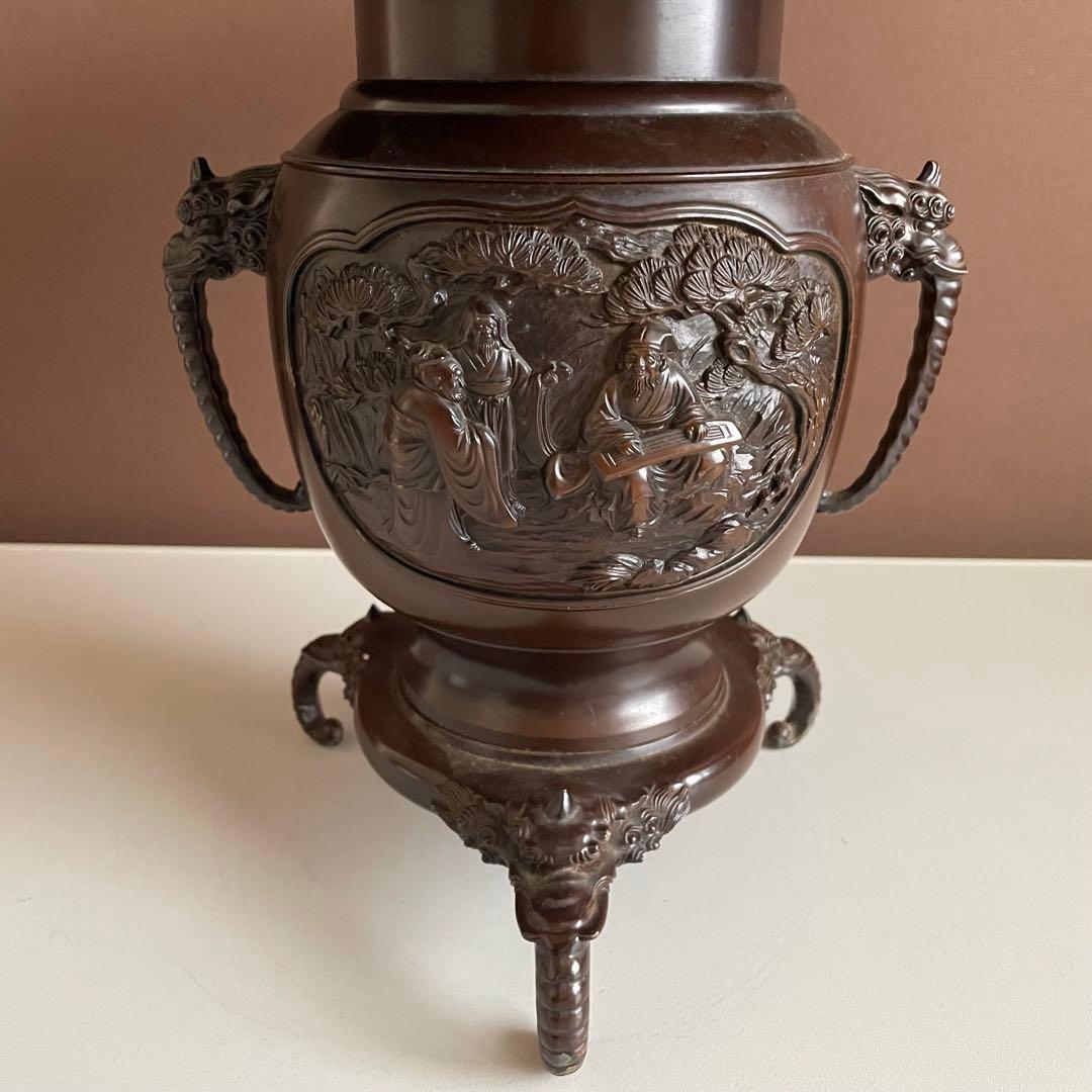 銅花器 薄端 在銘 精山 獅子双耳 池坊 茶道具 華道具 重さ5.2kg 04