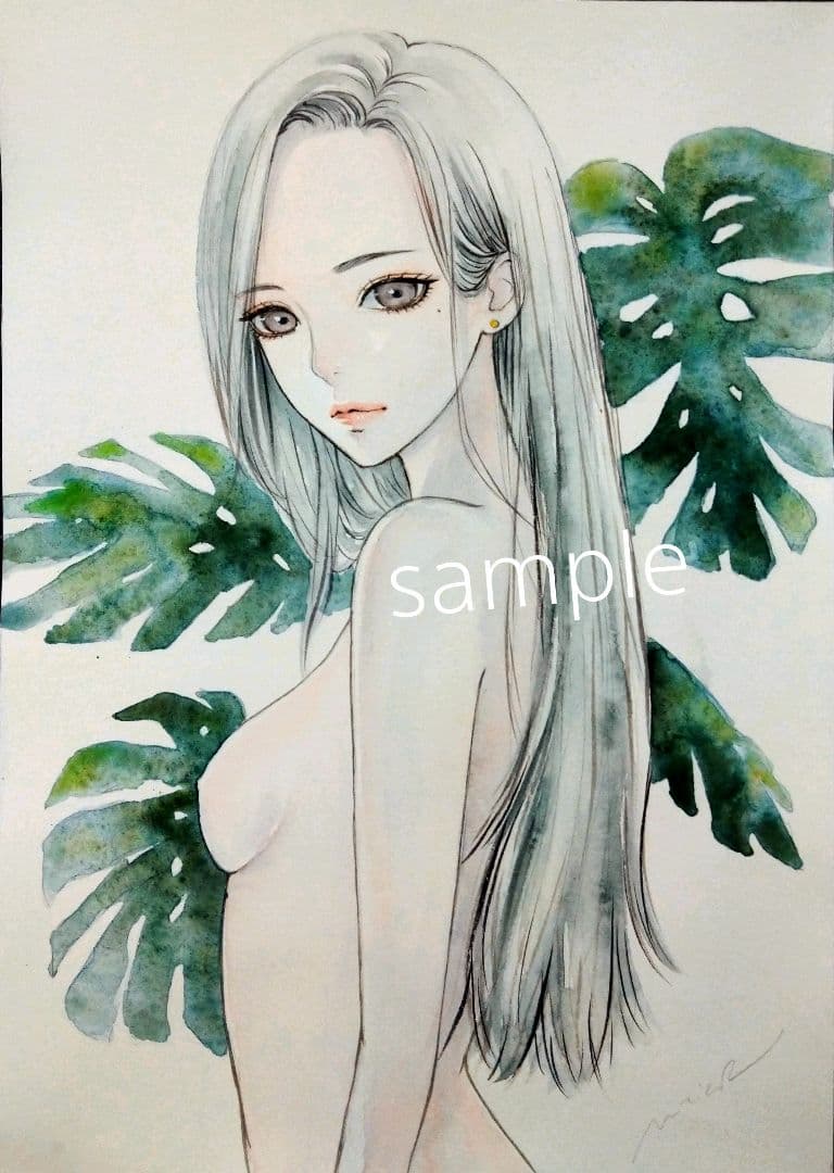 2386/B 肉筆原画　美人とモンステラ　水彩絵具　手描きイラスト　裸婦画