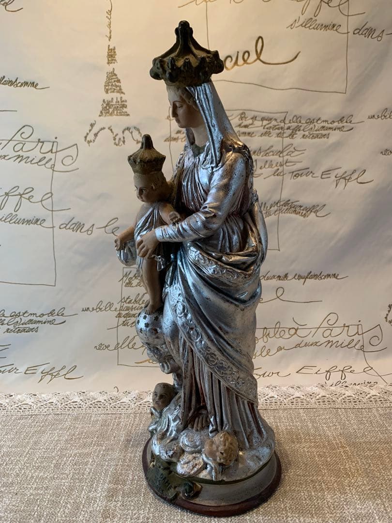 フランス製　アンティーク1920年特大43㎝ノートルダム　レアな銀色のマリア様！