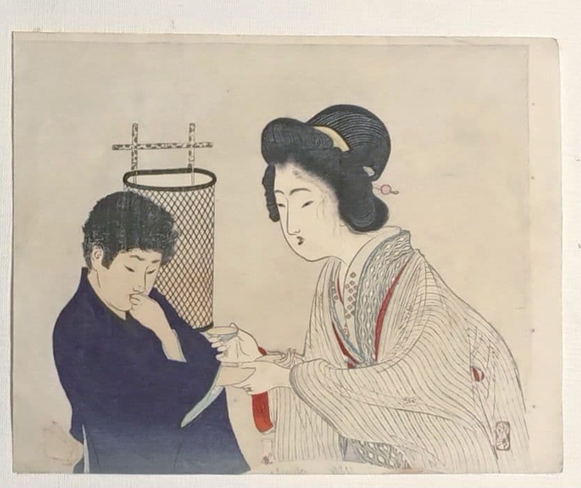 小説の口絵版画水野年方3枚、梶田半古1枚、富岡永洗1枚の5枚売り明治期閉じ穴あり