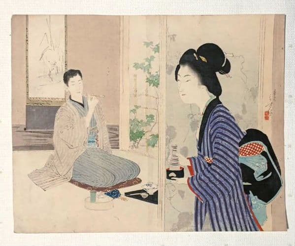 小説の口絵版画水野年方3枚、梶田半古1枚、富岡永洗1枚の5枚売り明治期閉じ穴あり