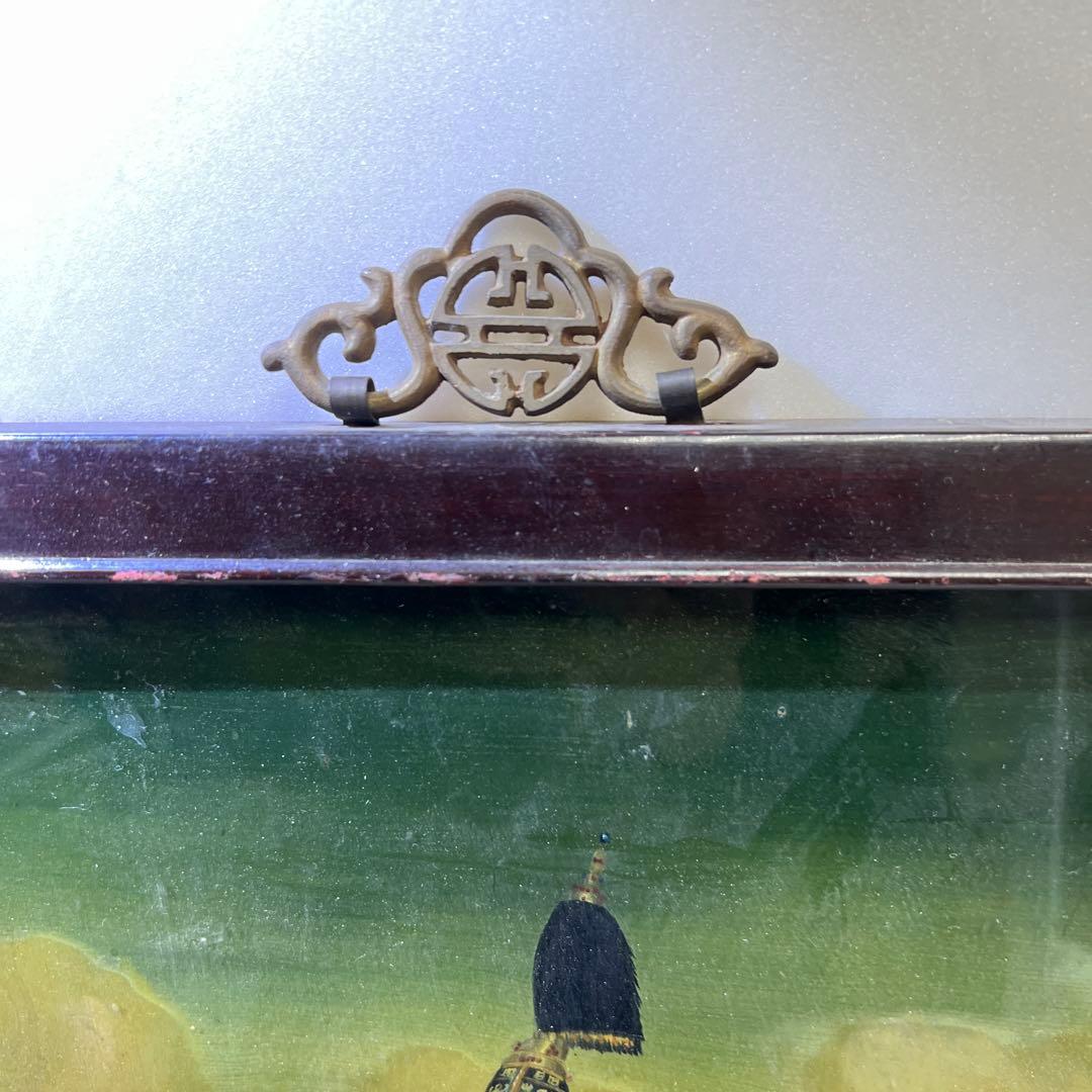 中国古玩　中国人物馬図　ガラス絵　金具込縦56㎝　東Y8-0205☆2F