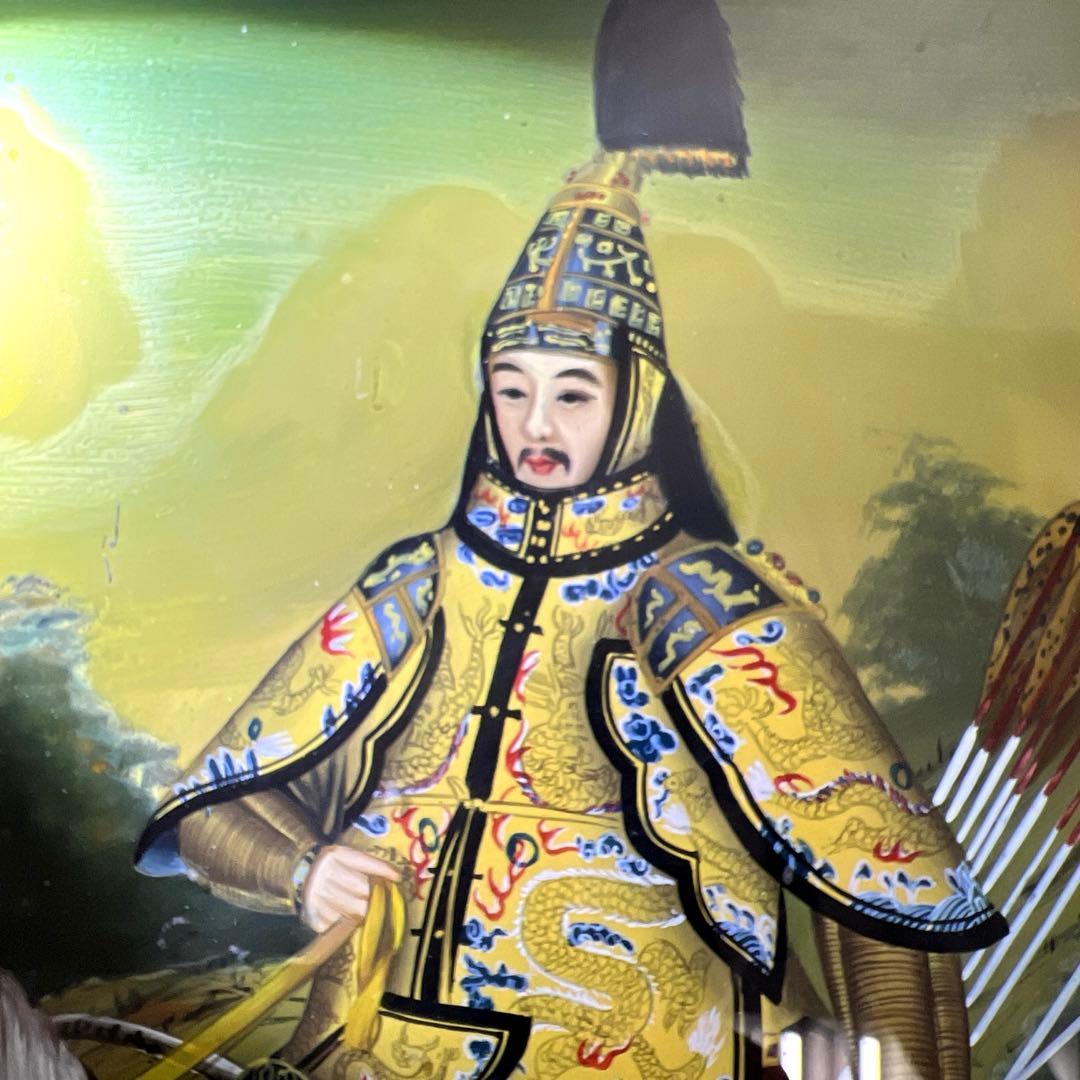 中国古玩　中国人物馬図　ガラス絵　金具込縦56㎝　東Y8-0205☆2F