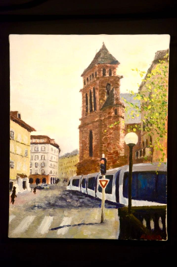 風景画 油彩画 建物と交通機関　F6号