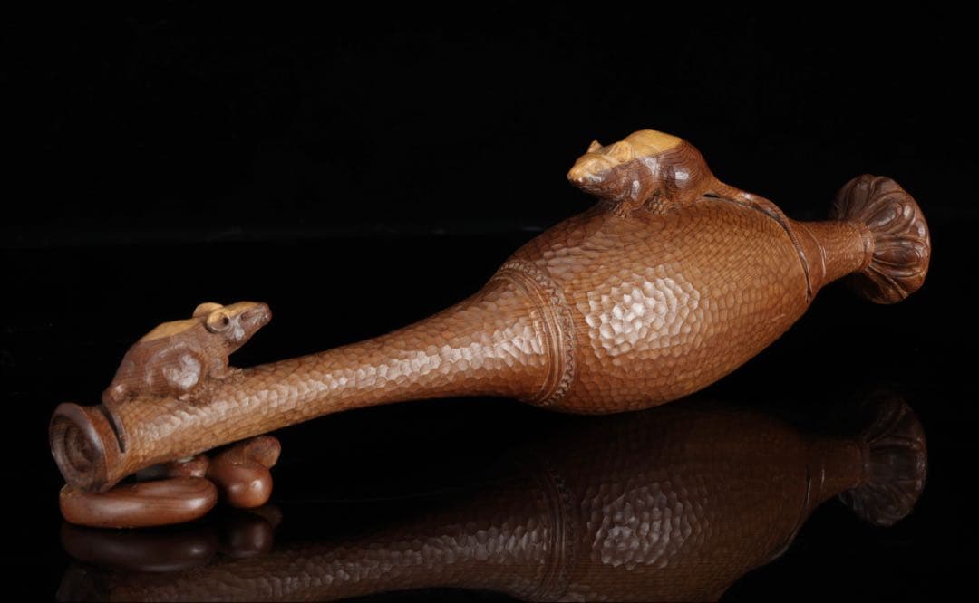 永冨一伸 在銘 木彫 開眼福子 干支 鼠 水瓶 曲玉 一刀彫 置物 共箱 縁起物