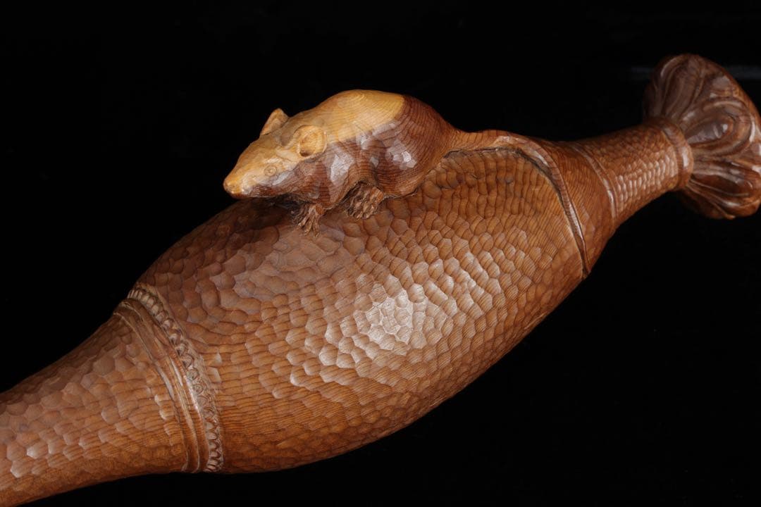 永冨一伸 在銘 木彫 開眼福子 干支 鼠 水瓶 曲玉 一刀彫 置物 共箱 縁起物