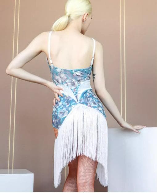 新作 社交ダンス衣装　ラテンワンピースドレス　花柄 ブルー オーダーメイド