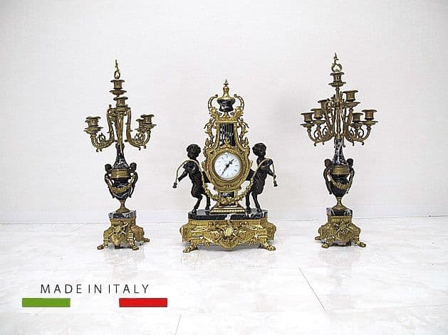 【美品】イタリア製 ランチーニ 天使/ブロンズ/黒大理石 燭台1対＋置時計セット