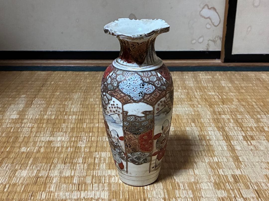 明治期 薩摩焼 金彩 色絵 人物紋 花入 時代物 印あり 箱入