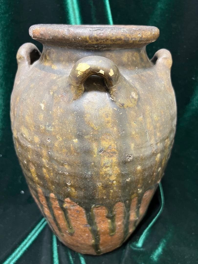 中国明朝（青釉 四耳壺陶器骨董品 時代物 高さ27cmx12cm整理品現状品のみ