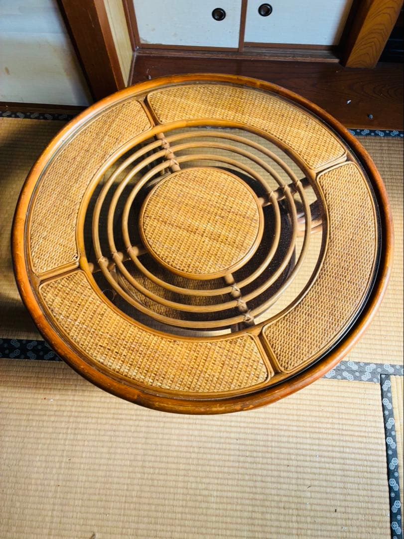 籐家具 ラタンラウンドローテーブル 籐素材 円卓 座卓 机 ラタン 昭和レトロ
