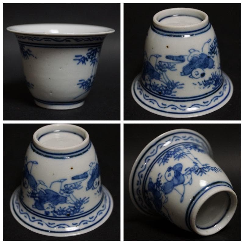 煎茶道具 清 古染付『唐子遊戯図』煎茶碗五客セット 端反口縁/☆時代物☆