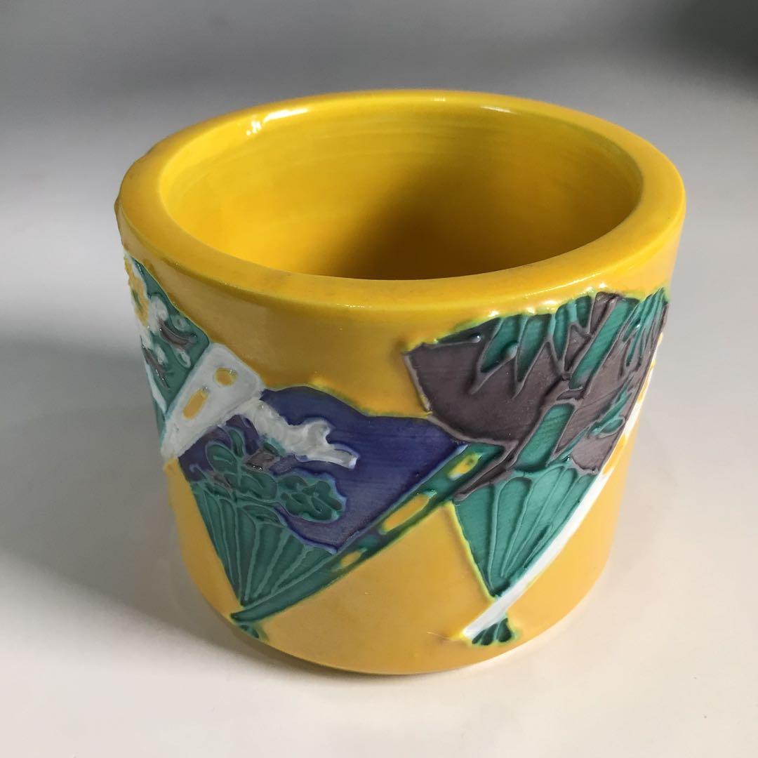 Ｎ４２１　皆具　『高野昭阿弥造』『黄交趾扇面文』『水指　建水　蓋置　杓立』　共箱