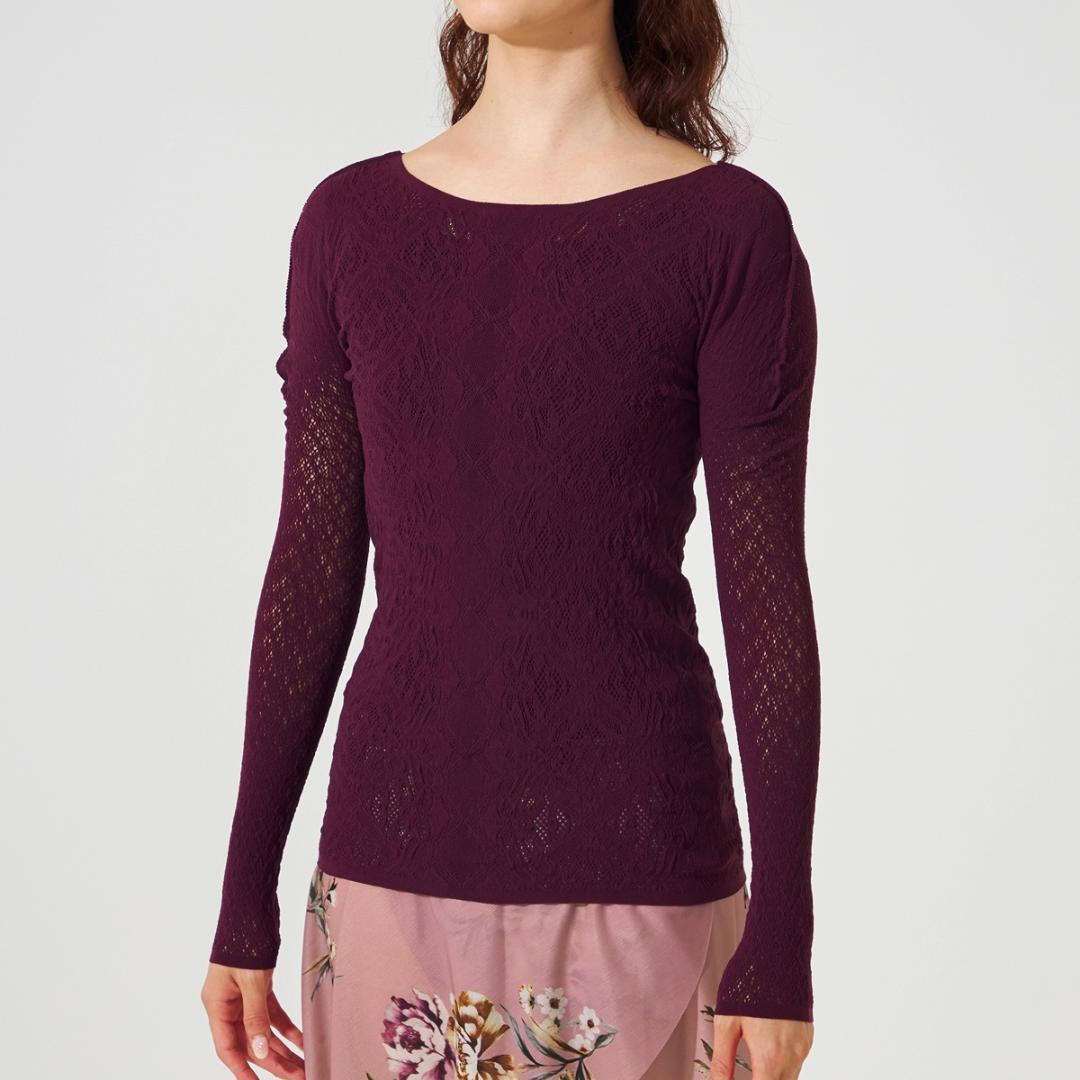 【新品】シアー2wayクルーネックニットトップ ノーソーイングニット Mプラム