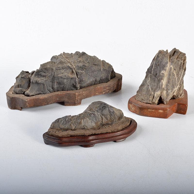 天然石　鑑賞石　太湖石　霊壁石　置物　台付　3点まとめて　V　R4367