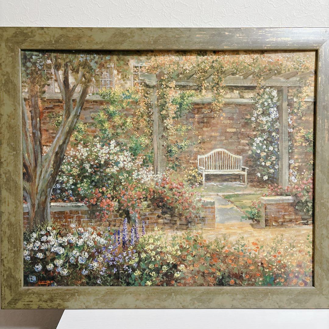 【美品】ロンゴ『パティオガーデン②』風景画 額装 大型 縦76×横91