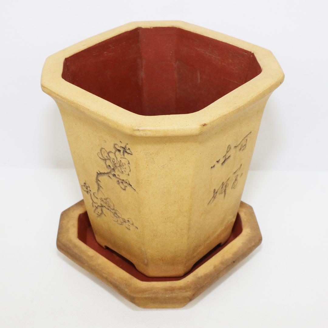 中国 唐物 古盆器 白泥釘彫絵梅花漢詩文