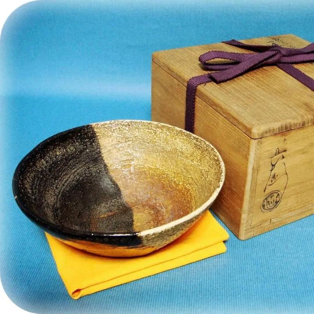 424『縣分波絵 黒楽茶碗 共箱』　/骨董品 古美術 古玩 アンティーク