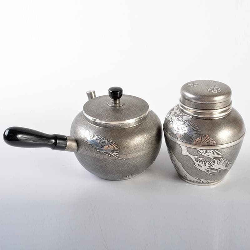 煎茶道具　本錫製　乾茂號造　四君子文　茶壷　急須　茶托　茶器　桐箱　FR6364