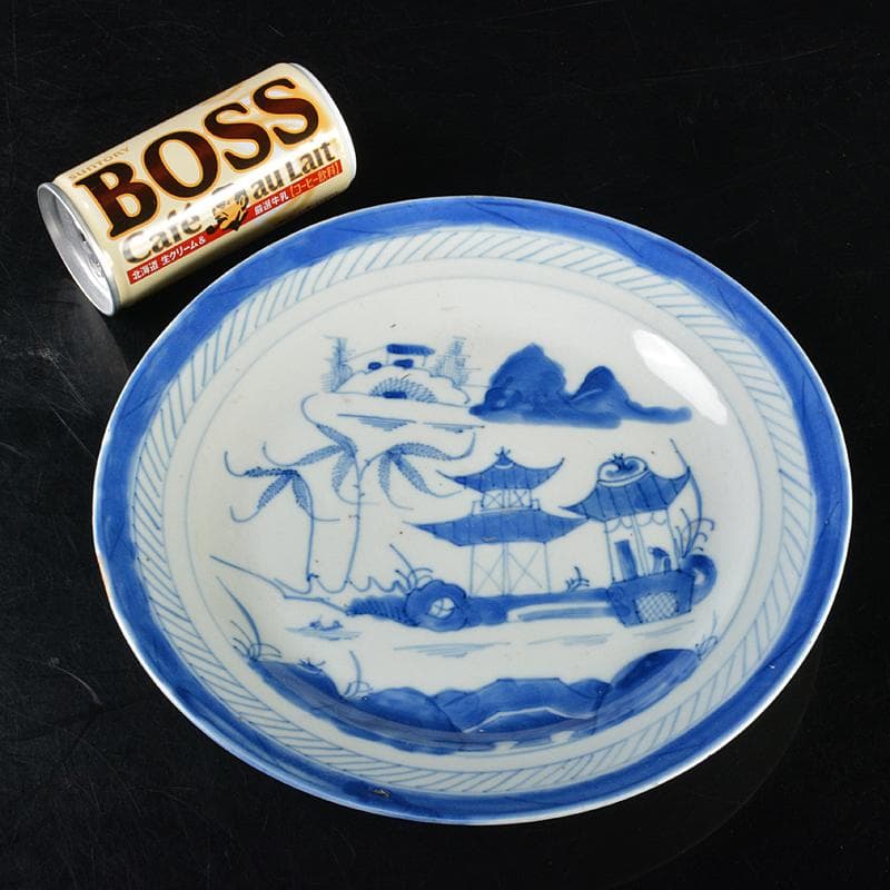 中国　青花　山水文盤　皿　直径約24.5cm　皿立付　V　R6420B