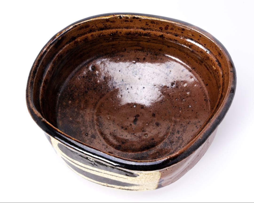 古織部 干柿紋沓形茶碗 木箱付 茶道具 抹茶碗 美濃焼 織部焼 骨董品 古美術品