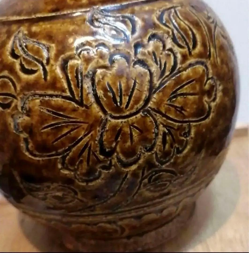 No.6中国 骨董品 南宋 飴釉磁州窯 百合口牡丹紋瓶 。