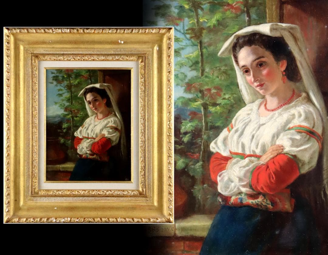 真作保証 19世紀古画 J.W. Chapman 「婦人像」油彩4号 1888年