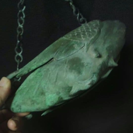 銅製　鳳凰　吊り花生　青銅製　吊り花器　舟形　時代物　カ10