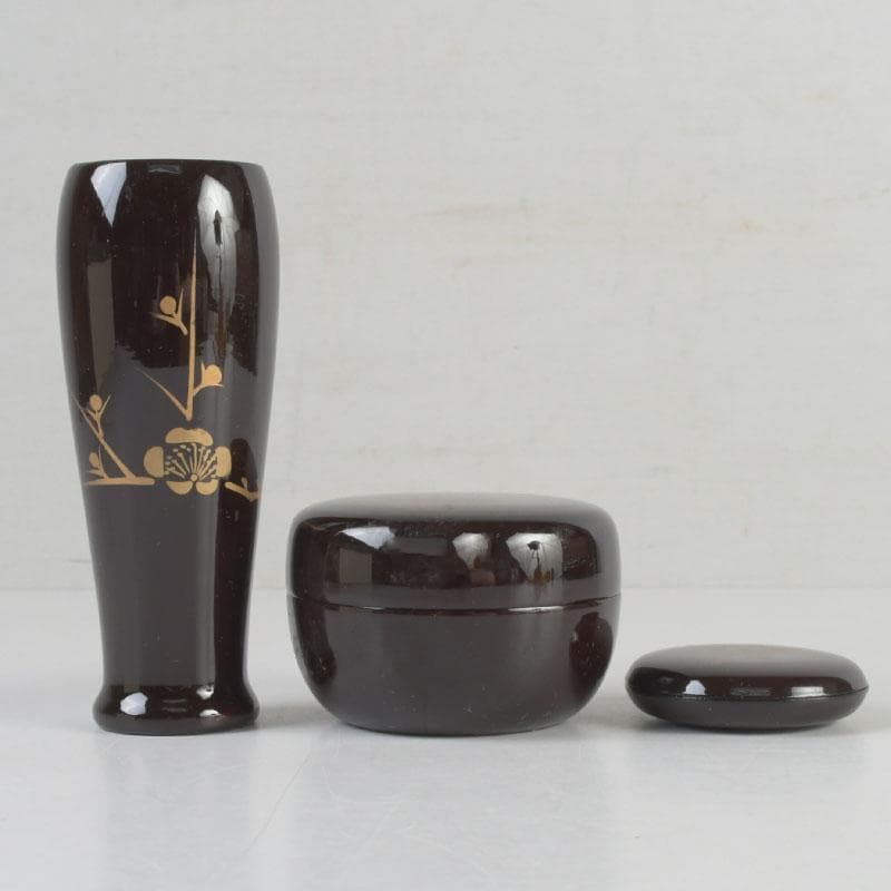 茶道具　桐木地本漆塗　青漆爪紅　利休茶箱　茶碗　棗など　七点　一式　M　9738