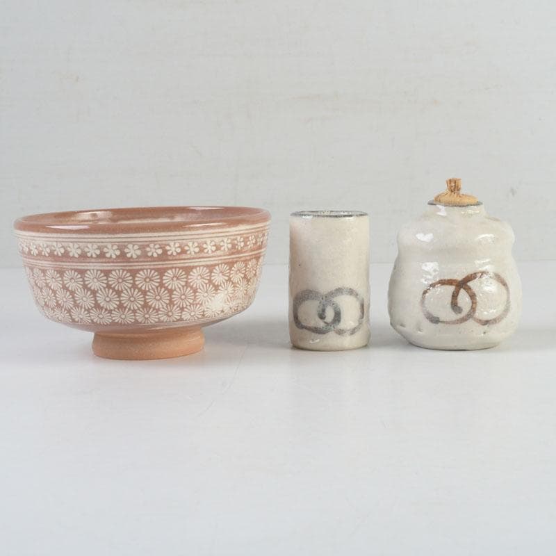 茶道具　桐木地本漆塗　青漆爪紅　利休茶箱　茶碗　棗など　七点　一式　M　9738