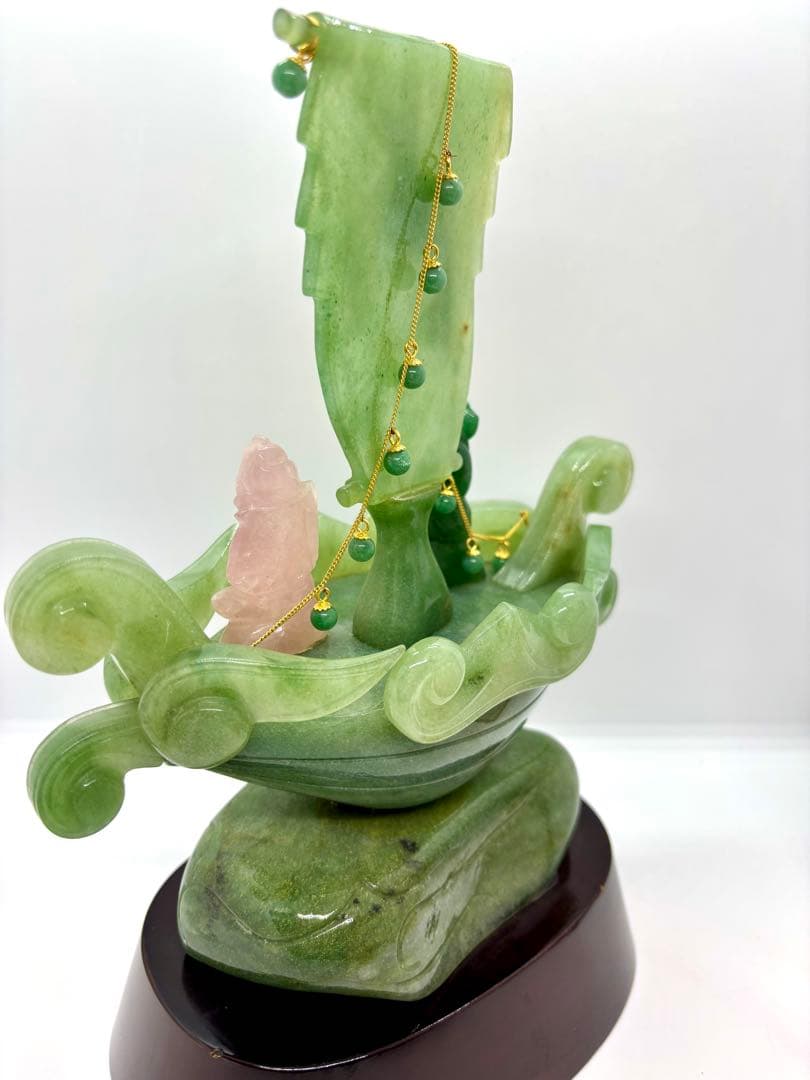 #伝統工芸士　斉藤本晴作 インド翡翠 『宝船 』彫刻置物