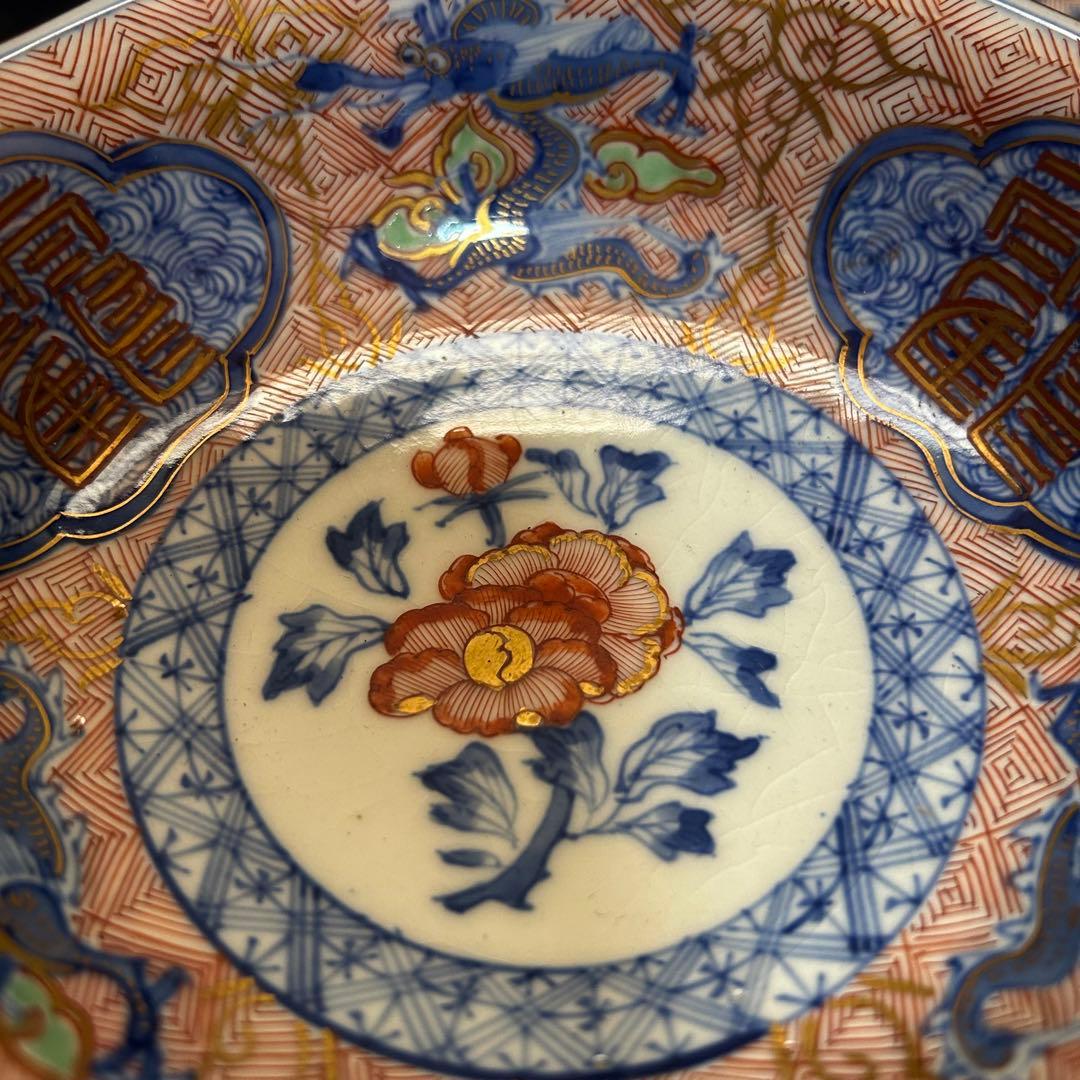 江戸期〜明治期の最上手の金蘭手古伊万里「華龍図皿三枚揃」本物保証