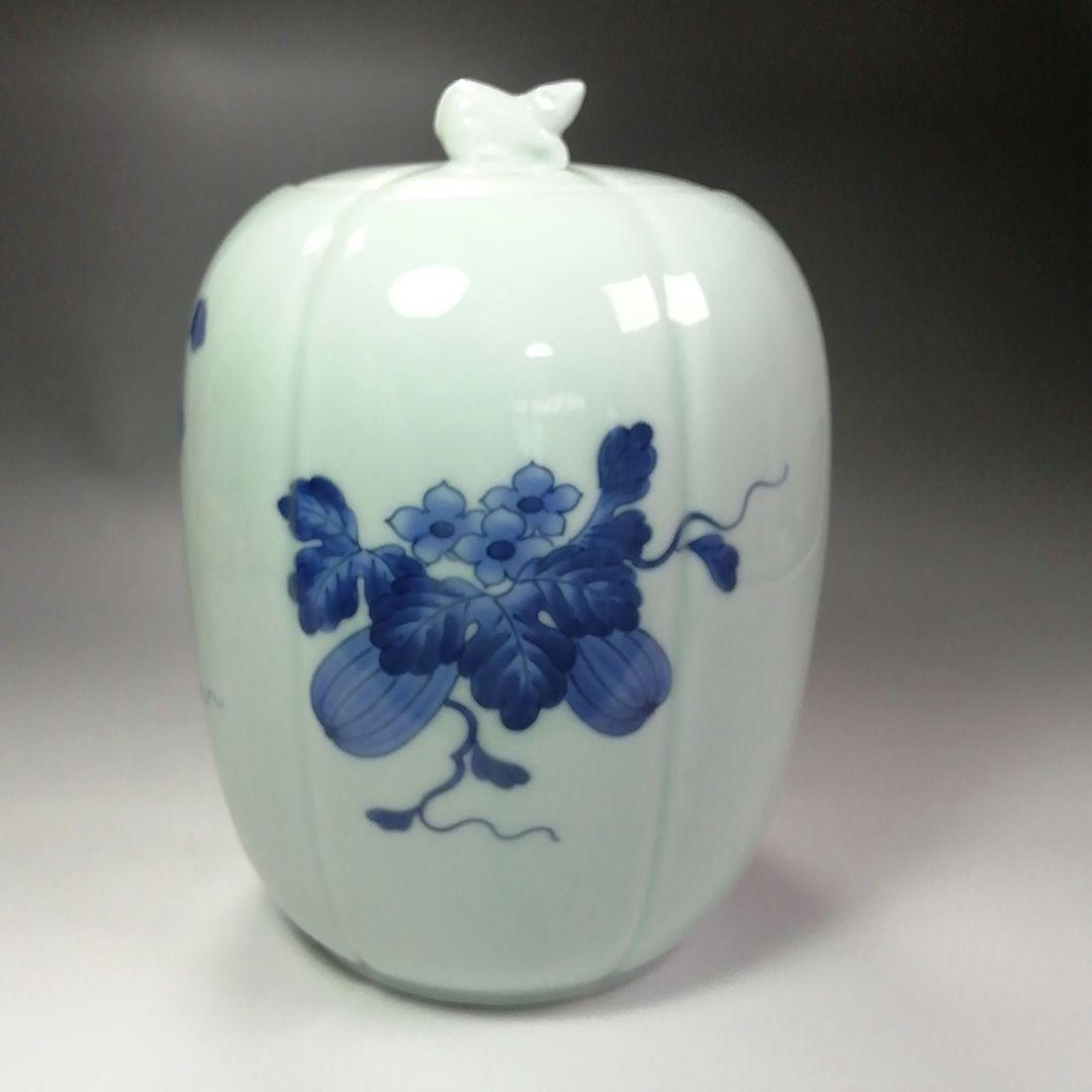 Ｓ３１４　水指　『藍鍋島』『染付瓜文』『りすつまみ』『中村公法作』　共箱　茶道具