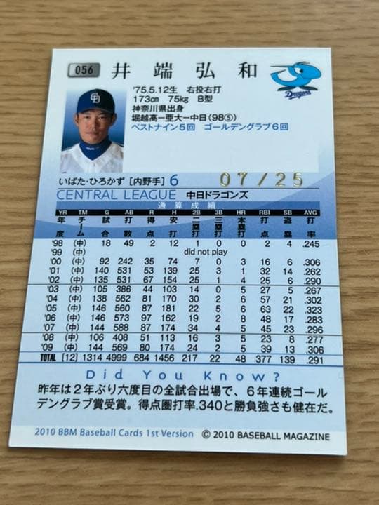 井端弘和　プロ野球カード　2010