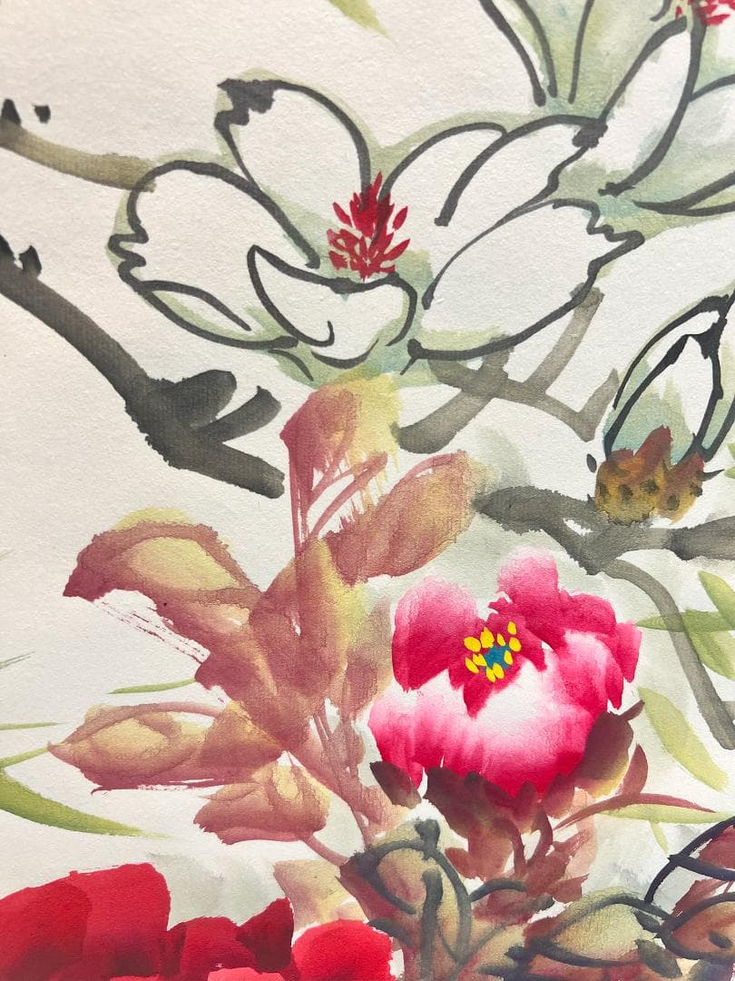 掛軸 桜木幸堂「玉堂富貴」手描き水墨画 世界に二つとない宝物